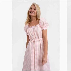 Sleeper Brigitte Linen Midi Dress Pink Vichy Large